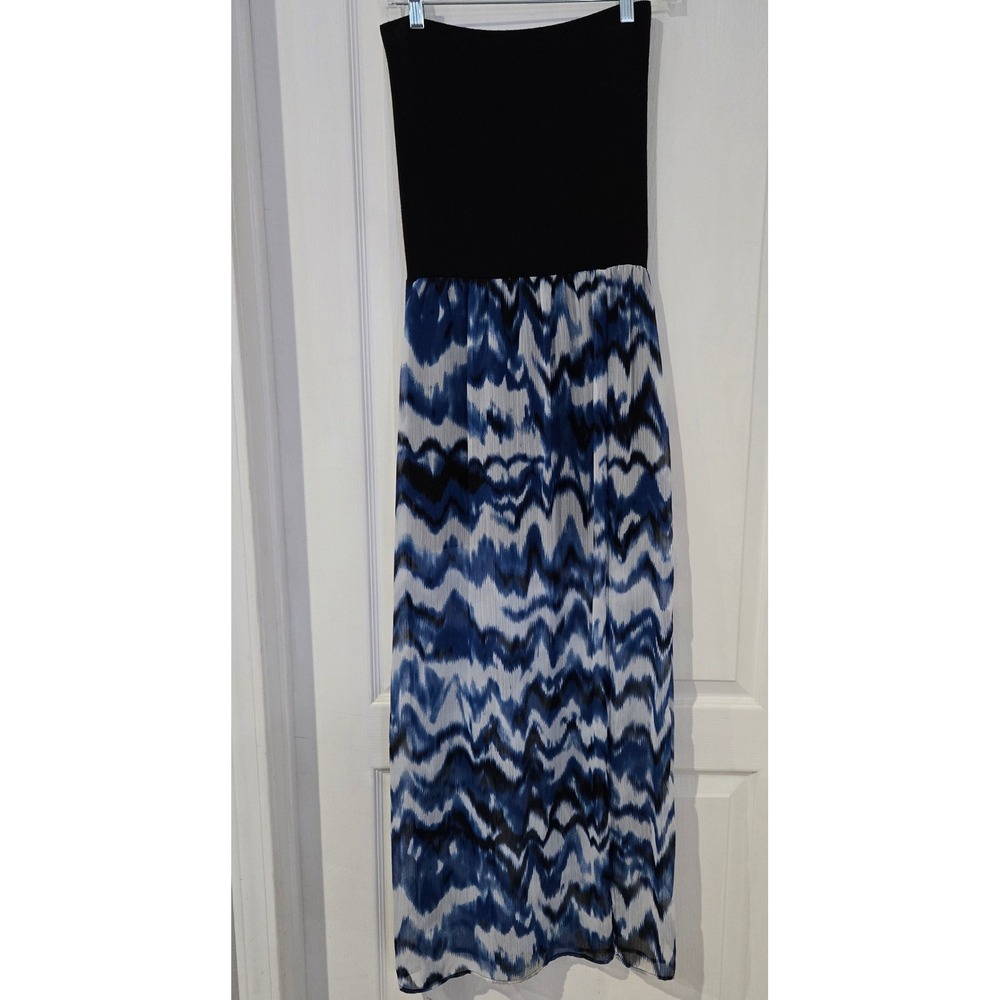 Love Ady Maxi Dress Womens Medium Blue Black Strapless Ikat Empire Waist Boho